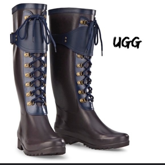 UGG Shoes - EUC UGG Madelynn gray/blue rubber and leather tall rain boots